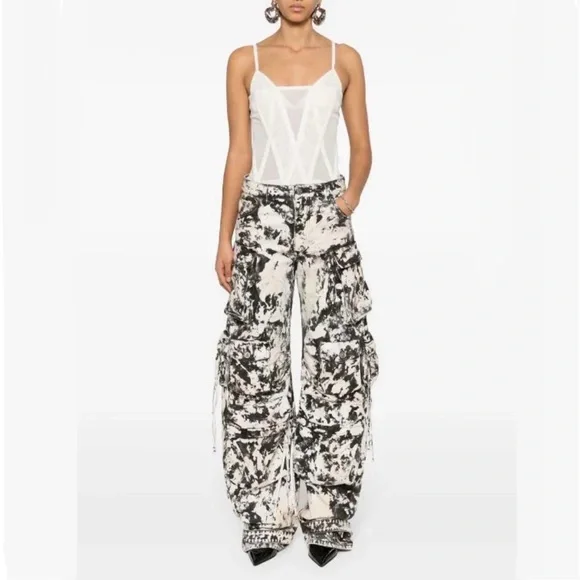The Attico Fern black cream white abstract camo print wide leg cargo jean pants - Picture 16 of 16